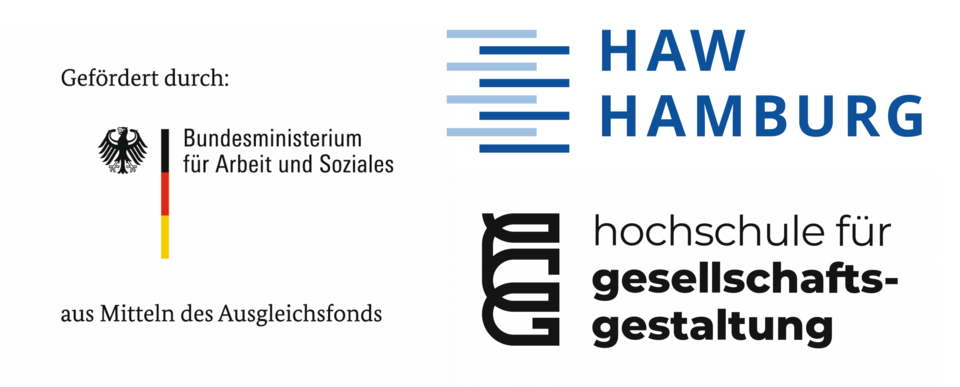 Grafik mit den Logos der HAW Hamburg, der Hochschule für Gesellschaft und des Ministeriums für Arbeit und Soziales
