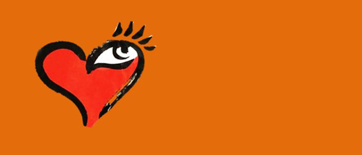 Grafik eines roten Herzens mit einem Auge im rechten oberen Bogen, auf orangem Hintergrund