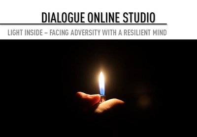 Photo of a hand holding a lighter, bringing light to the dark. Poste for the "Dialogue Online Studio - Light inside - facing adversity with a resilient mind".